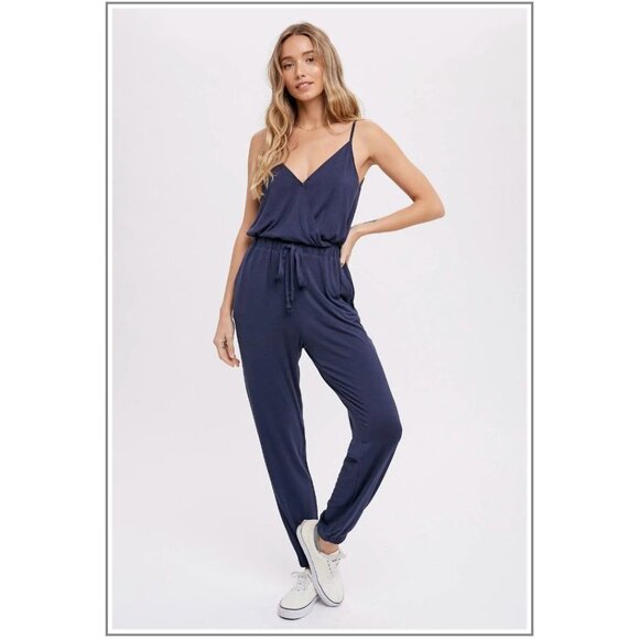 Bluivy Navy Surplice Jersey Jumpsuit Adjustable Waist Tie & Pockets Small - Picture 10 of 10
